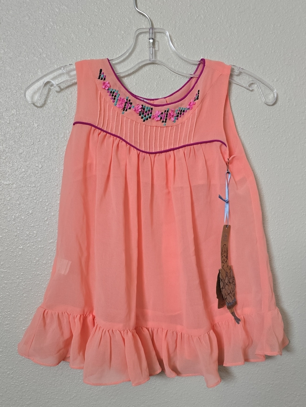 Girls Peach Ruffle Tank Top with Embroidered Yoke